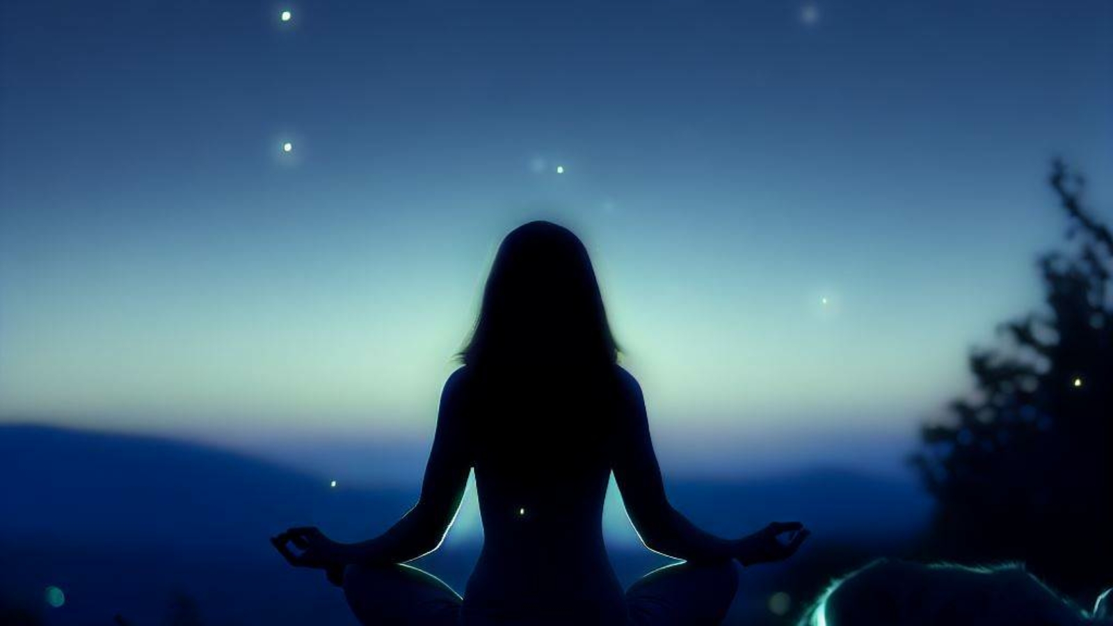 Una ragazza che fa yoga di notte su una montagna