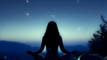 Una ragazza che fa yoga di notte su una montagna