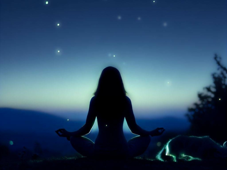 Una ragazza che fa yoga di notte su una montagna