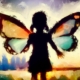 Una bambina con le ali di farfalla che guarda la città