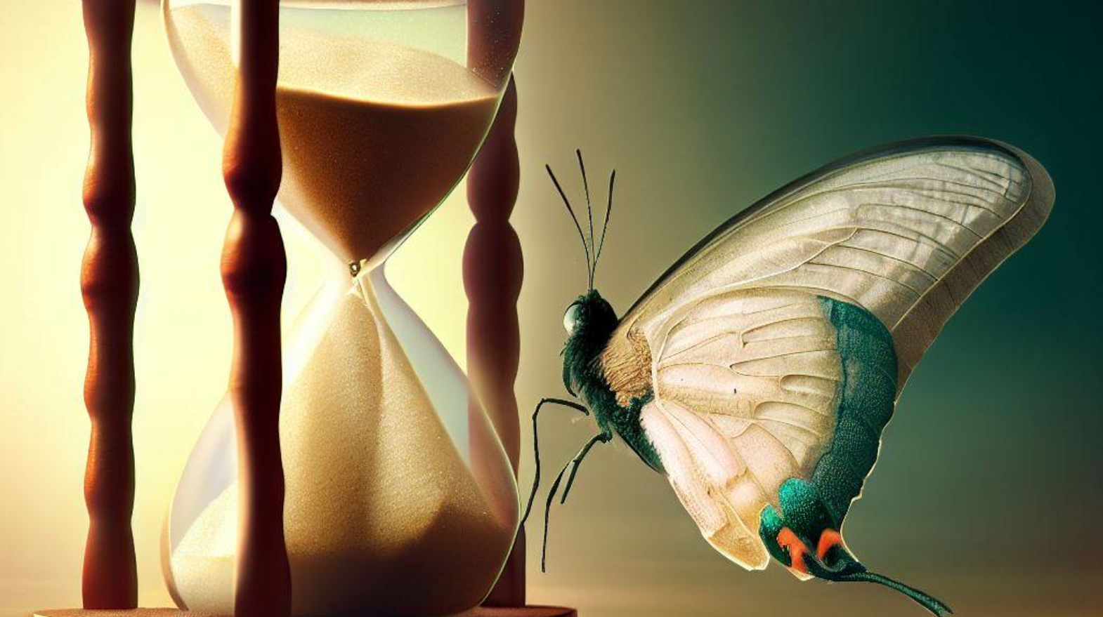 Una clessidra che sancisce lo scorrere del tempo con una farfalla appoggiata sopra