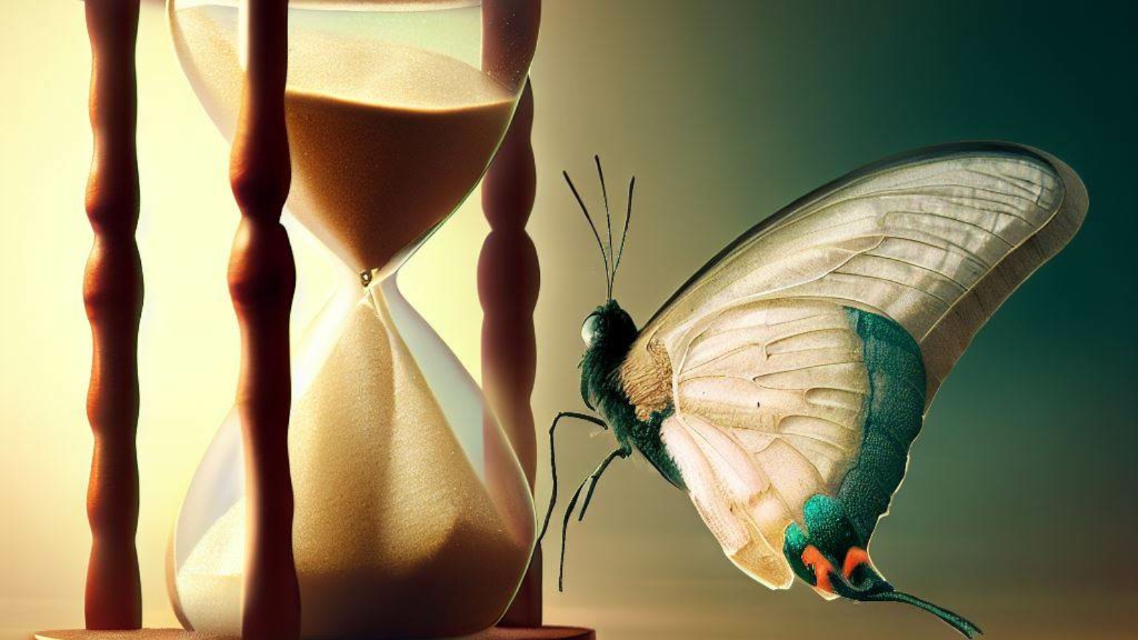 Una clessidra che sancisce lo scorrere del tempo con una farfalla appoggiata sopra