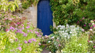 Una porta blu attraverso un giardino fiorito
